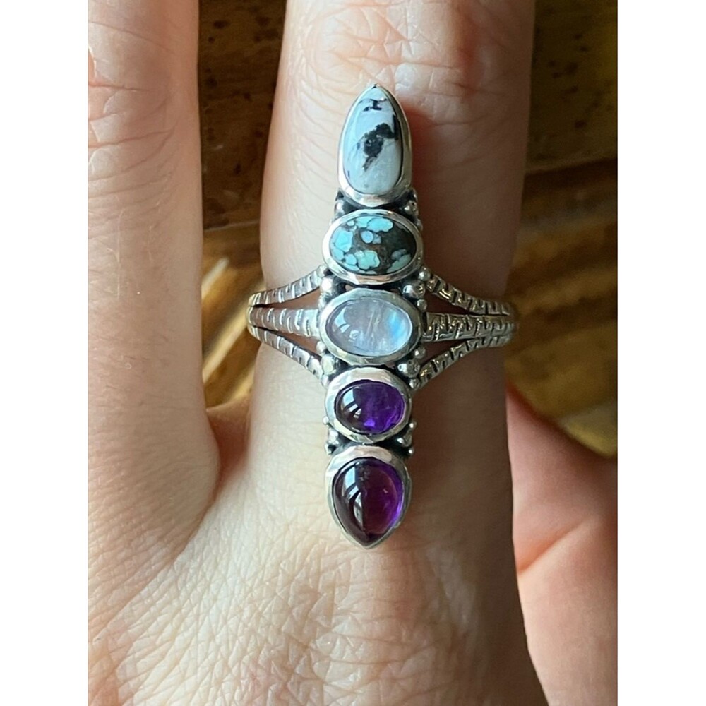 Multi Gemstone Sterling Silver Statement Ring Size 8